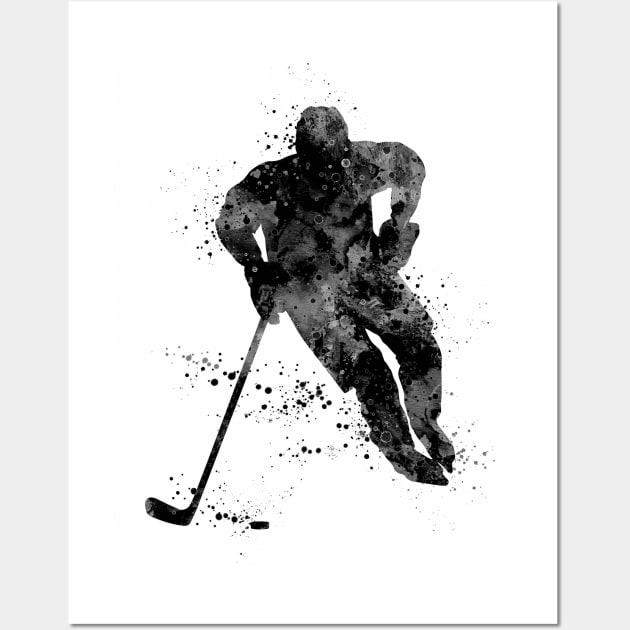 Ice Hockey Boy Player Black and White Silhouette Wall Art by LotusGifts